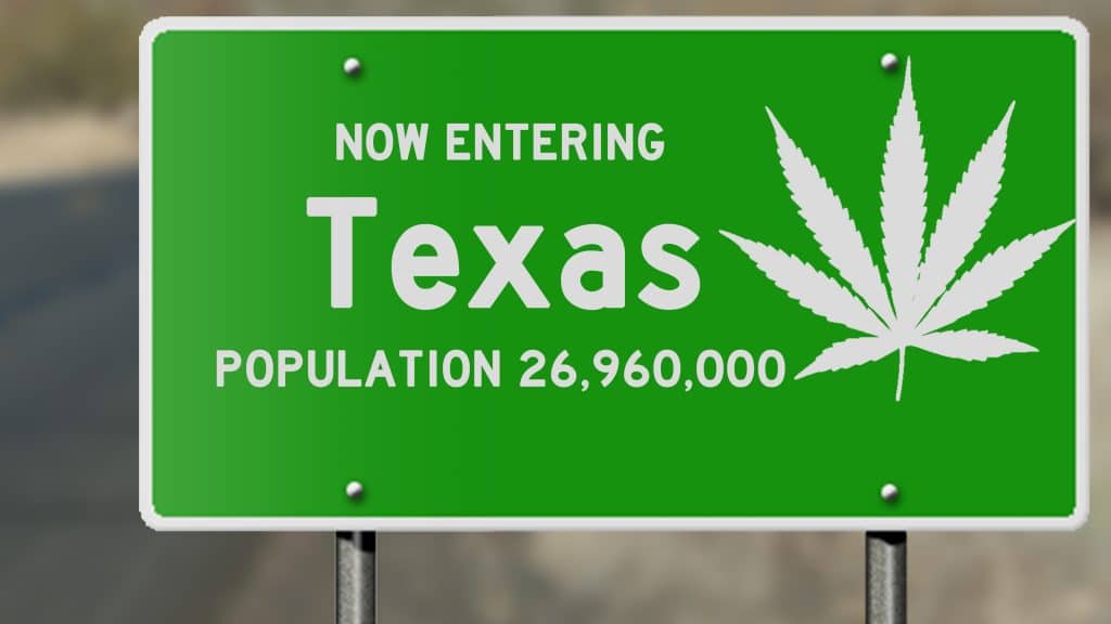Illustration showing "now entering Texas" highway sign with marijuana leaf, relevant to political issues relating to marijuana use and legalization
