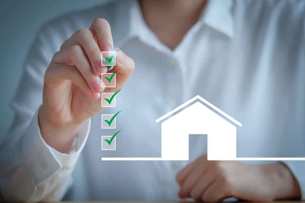 Check mark completed for home buying checklist. home loan, tax, mortgage, buy, rent and property investment.